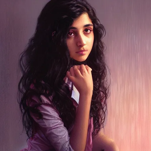 Image similar to portrait of a british teenage girl with wavy black hair, mixed desi girl with dark brown skin, half english half indian, glowing skin, fantasy, intricate, elegant, dress shirt, school uniform, highly detailed, digital painting, artstation, concept art, smooth, sharp focus, illustration, art by Krenz Cushart and Artem Demura and alphonse mucha