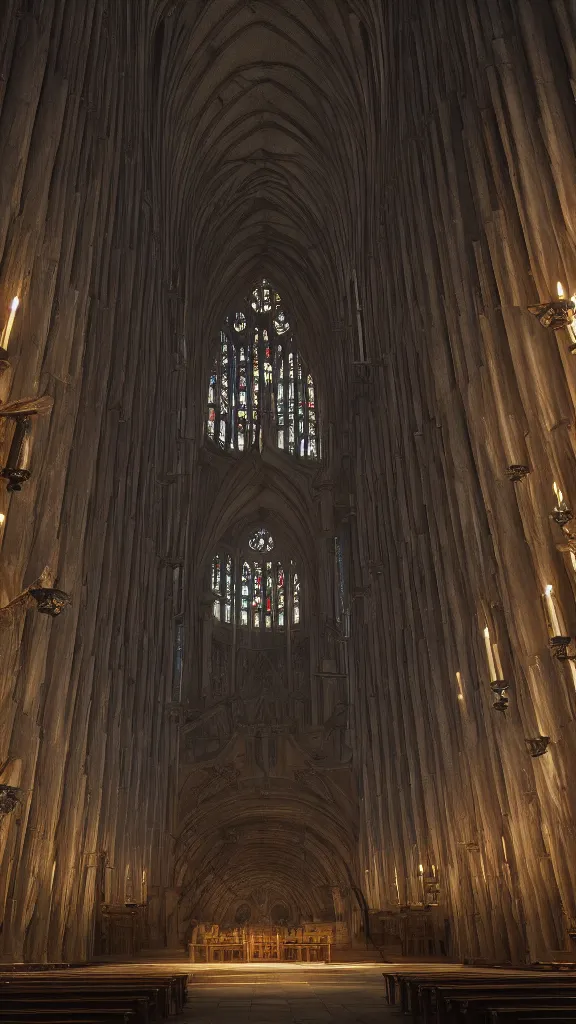 Prompt: a complex ancient pipe organ cathedral interior, 4 k, stone pews, torches, lighting, unreal engine 5 render, natural color scheme, architectural photography, f 3 2, style of alan lee and john howe