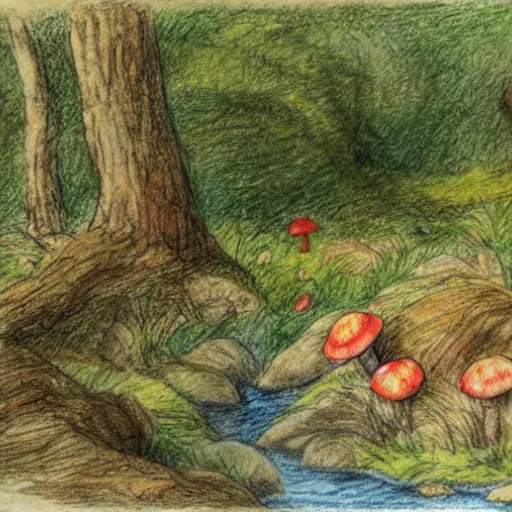 Image similar to illustration of a wooded scene with a small stream in the distance and a red mushroom in the foreground, coloured pencil drawing, highly detailed, beatrix potter