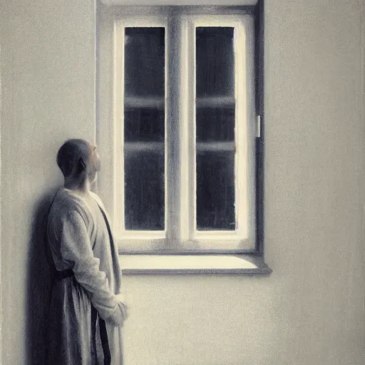 Image similar to person in pyjamas standing near window, sun rays, daylight, french door window, 2 4 mm, anamorph lenses, photorealistic, high ceiling, style by vilhelm hammershøi