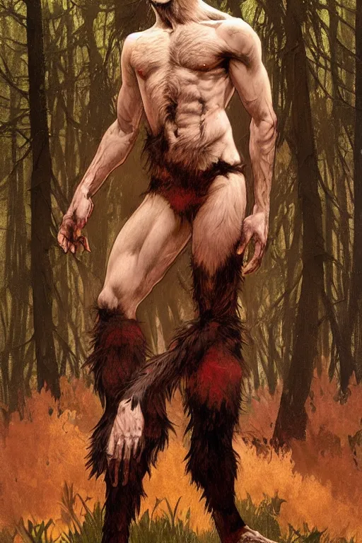 Prompt: full figure portrait of a beautiful young fit male werewolf, wolf head, partially male hairy torso, fur covered legs, by greg rutkowski and alphonse mucha, d & d character, gradient red to black, in front of a forest background, highly detailed portrait, digital painting, artstation, concept art, smooth, sharp focus ilustration, artstation hq