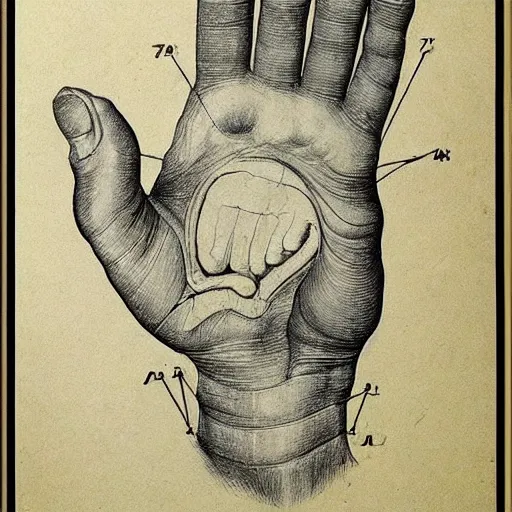 Image similar to anatomical drawing of hands, in the style of leonardo da vinci,