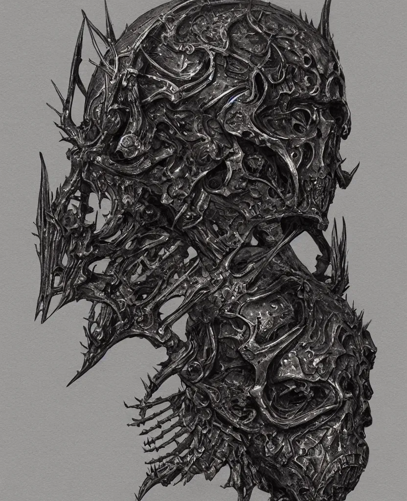 Prompt: a filigree ornamental medieval iron and black bronze helmet with skeletal features and short spikes, art by (((wayne barlowe))), hr giger, hedi xandt, foggy, dimly lit, artstation, concept art,