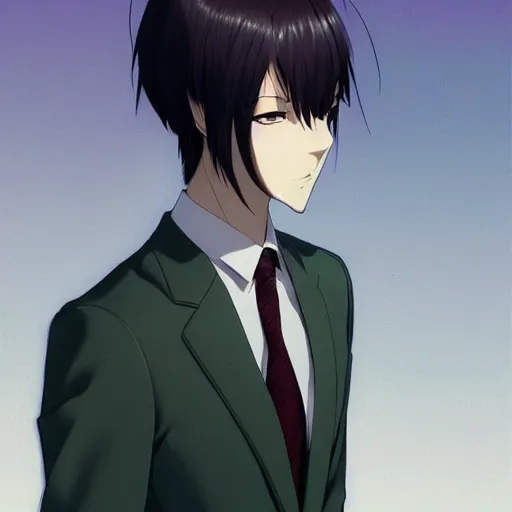 Image similar to full body portrait character concept art, anime key visual of decadent green long straight hair young anime male in black suit, green long straight hair and brown eyes, finely detailed perfect face studio lighting delicate features directed gaze, gapmoe kuudere grimdark, trending on pixiv fanbox, painted by greg rutkowski makoto shinkai takashi takeuchi studio ghibli