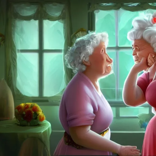 Image similar to of a very funny scene. ambient occlusion render. a sweet fat old woman is in kissing her reflection. flowery dress. mirror. symmetrical face, red mouth, blue eyes. deep focus, lovely scene. ambient occlusion render. concept art. unreal engine.