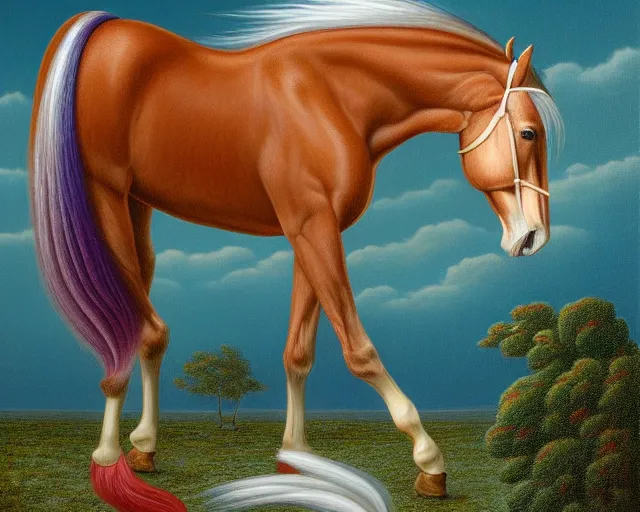 Prompt: stallion horse with long flowing mane and tail by Creative American Surreal Paintings by Kevin Sloan Magical Realism 8k