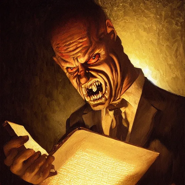 Image similar to ultra - realistic horrifying painting of a terrified man in a suit reading a dead sea scroll by candlelight, by dave dorman, paul carrick, dark, brooding, volume lighting, atmospheric lighting, painted, intricate, ultra detailed, well composed, best on artstation, cgsociety, epic, stunning, gorgeous, intricate detail, wow, masterpiece