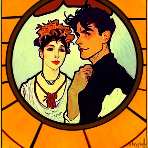 Image similar to painting of handsome young beautiful jeff and gorgeous rina together at the jack o'lantern halloween party, elegant, clear, painting, stylized, art, art by alphonse mucha, vincent van gogh, egon schiele,