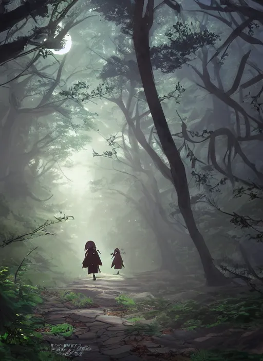 Image similar to a dark forest path, beautiful ancient trees, hiding large treasure chest, evening atmosphere, soft lens, soft light, cel - shading, animation, in the style of cgsociety, deviantart, artstation, zbrush, cinema 4 d, studio ghibli, akihiko yoshida, atelier lulua, masamune shirow