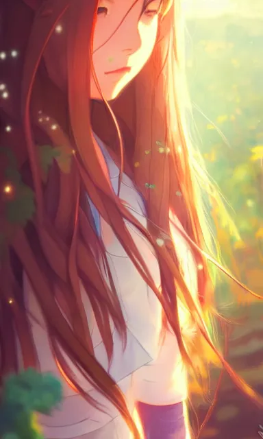 Image similar to a colorful scene of a girl with brown hair, anime, detailed background, female, portrait, trending on artstation, by studio ghibli and rossdraws