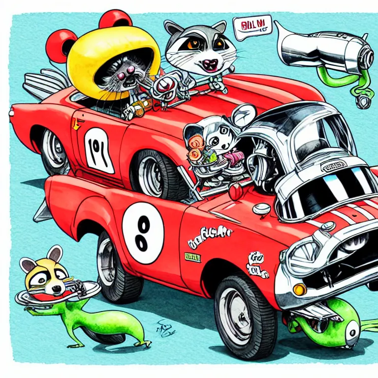 Prompt: cute and funny, racoon wearing a helmet riding in a 1 9 6 5 ford shelby with oversized engine, ratfink style by ed roth, centered award winning watercolor pen illustration, isometric illustration by chihiro iwasaki, edited by range murata, tiny details by artgerm and watercolor girl, symmetrically isometrically centered, sharply focused