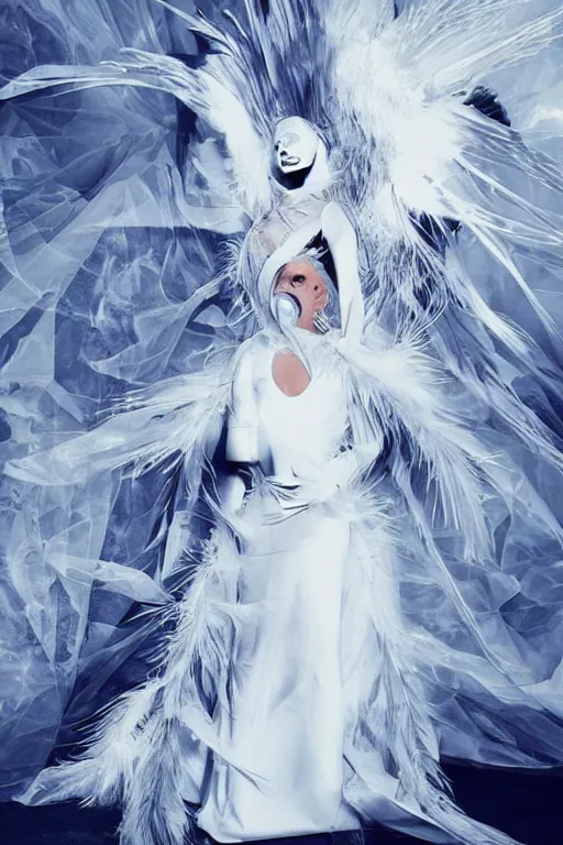 Prompt: lady gaga in a white dress with a plastic bag over her shoulder, a hologram by Alexander McQueen, featured on polycount, gothic art, made of feathers, ethereal, angelic photograph