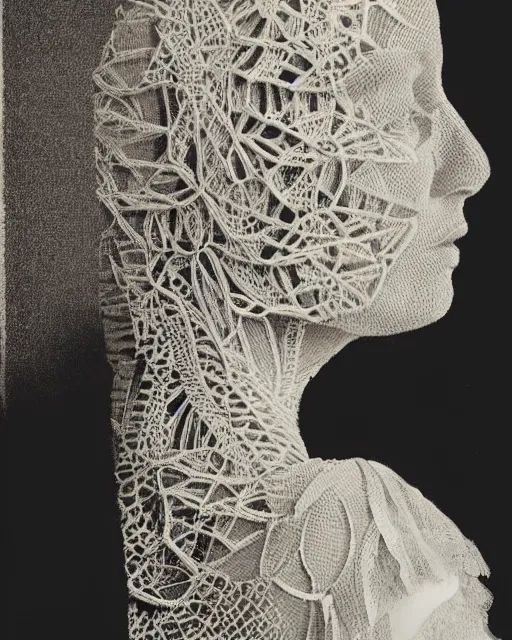 Image similar to a woman's face in profile, made of intricate decorative lace skeleton, in the style of the dutch masters and gregory crewdson, dark and moody