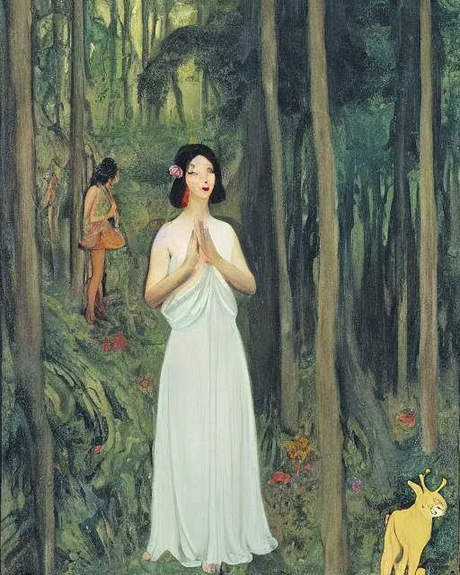 Image similar to a young woman wearing a white dress encounters the great god pan in a forest clearing, 1 9 7 0 s, seventies, wallpaper, delicate embellishments, painterly, offset printing technique, by brom, robert henri, walter popp