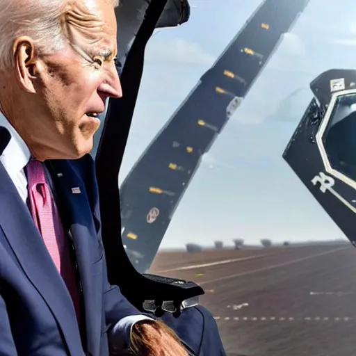 Image similar to joe biden inside a f - 3 5 fighter jet, comic book style, gorgeous lighting