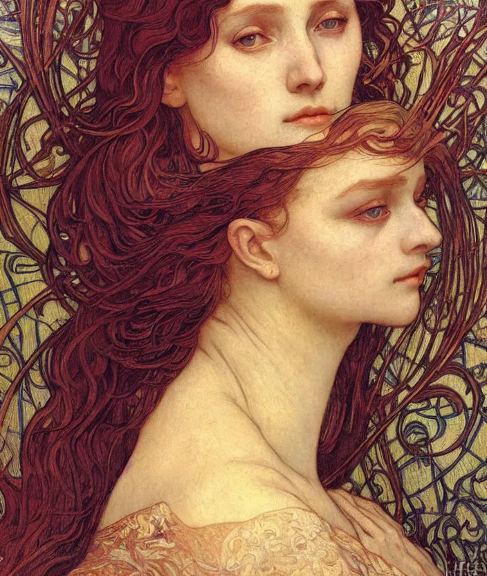 Image similar to detailed realistic beautiful young medieval queen face portrait by jean delville, alphonse mucha, vincent van gogh, and marco mazzoni, art nouveau, symbolist, visionary, gothic, pre - raphaelite