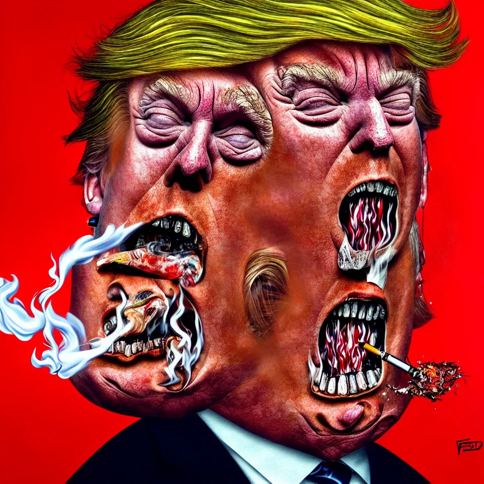 Image similar to weird and disturbing psychedelic donald trump smoking weed, laughing and screaming, ash burned on his face, horrible burns, diffuse lighting, fantasy, intricate, elegant, highly detailed, lifelike, photorealistic, oil painting, illustration, concept art, smooth, sharp focus, art by francis bacon