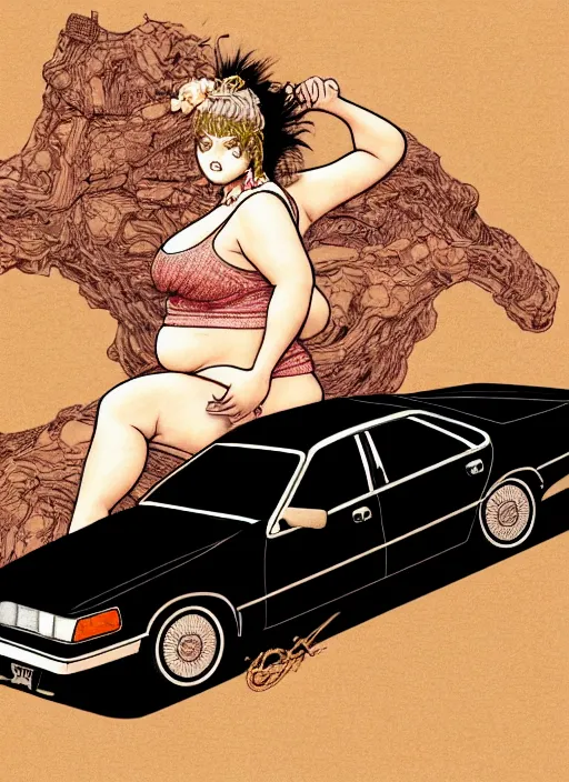 Prompt: fat woman posing near a ford taurus lx 1 9 8 6, intertwined, gothic, rich deep colrs, drawn by by kim jung gi, takato yamamoto. masterpiece. rendered in blender, smooth shadows, ultra detail, high resolution, cinematic unreal 6, 8 k