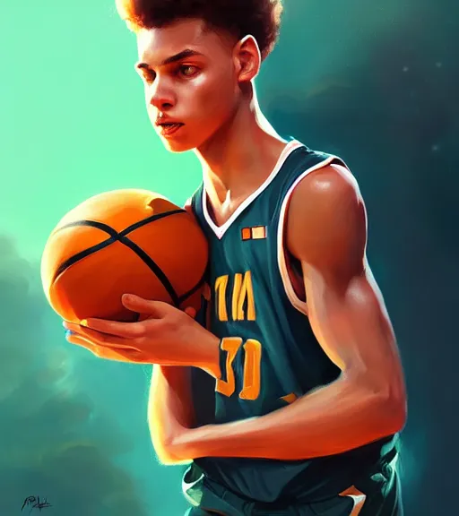 Image similar to portrait of a boy playing basketball wearing a basketball uniform, intricate, elegant, highly detailed, centered, digital painting, artstation, concept art, smooth, sharp focus, illustration, by Peter Mohrbacher, WLOP