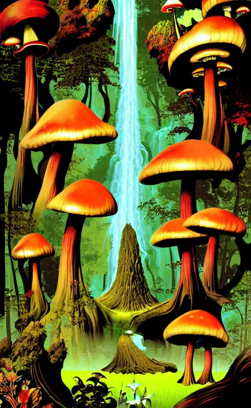 Prompt: psychedelic mushrooms, enchanted forest, waterfall, wide angle shot, vector art, illustration by frank frazetta and salvador dali