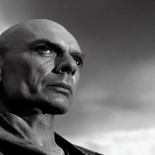 Image similar to a cinematic still of a disembodied head of Yul Brynner judging and scowling at the village that lives on the land below him