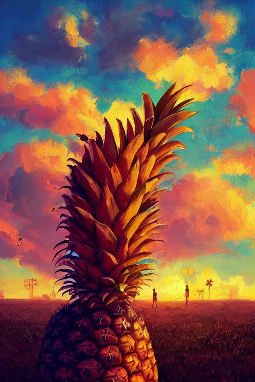 Prompt: closeup, giant pineapple head, girl surrounded by djungle, surreal photography, golden hour, colorful clouds, impressionist painting, digital painting, artstation, simon stalenhag