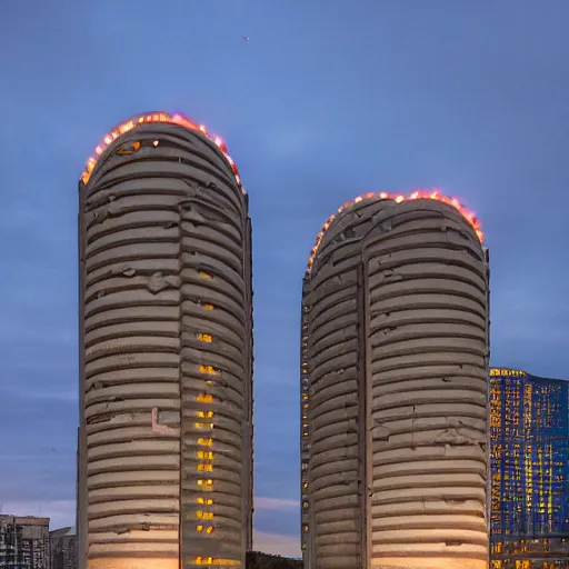 Prompt: a wide shot of a soviet beautiful brutalist monumental multi - building structure, tall buildings with spaceship parking lots on top, with many rounded elements sprouting from the base tower creating a feel of an organic structure, photography shot at blue hour