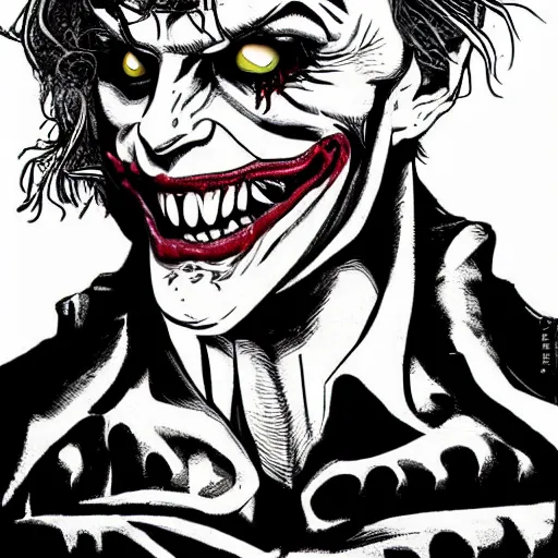 Prompt: The Joker portrait in the style of Junji Ito. Manga. Black and white. Gothic. Horror. Extremely detailed. 4K.