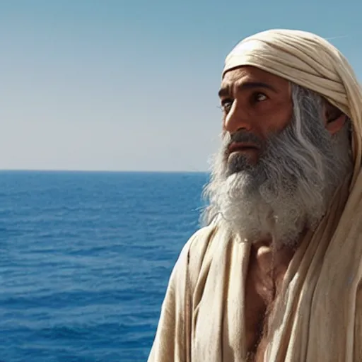 Prompt: Mediterranean man as Moses in a movie directed by Christopher Nolan, movie still frame, promotional image, imax 70 mm footage