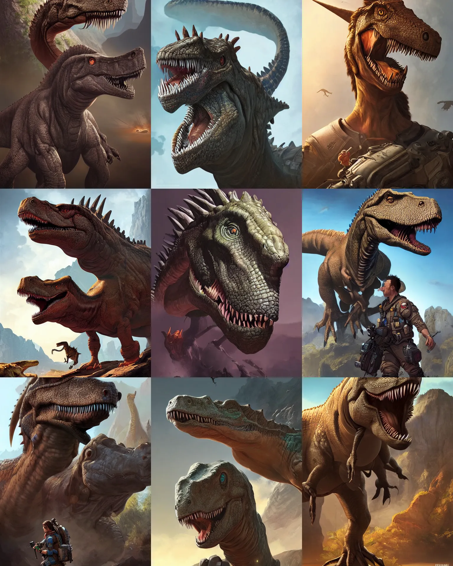 Prompt: dinosaur as an apex legends character digital illustration portrait design by, mark brooks and brad kunkle detailed, gorgeous lighting, wide angle action dynamic portrait