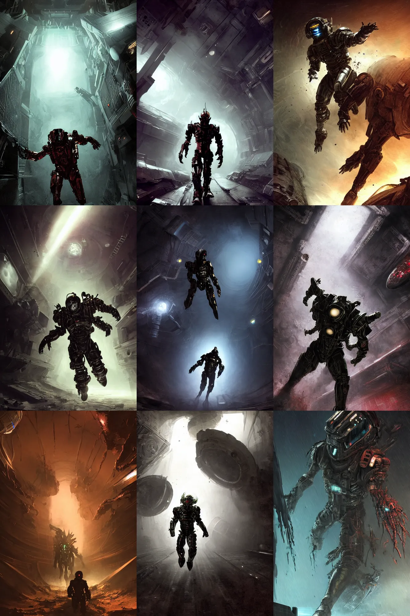 Prompt: horror movie scene of an individual in futuristic armor being chased down a hallway, running through a deep space mining space station, rusty metal walls, broken pipes, side angle, dark colors, muted colors, tense atmosphere, mist floats in the air, amazing value control, dead space, moody colors, dramatic lighting, ussg ishimura, frank frazetta