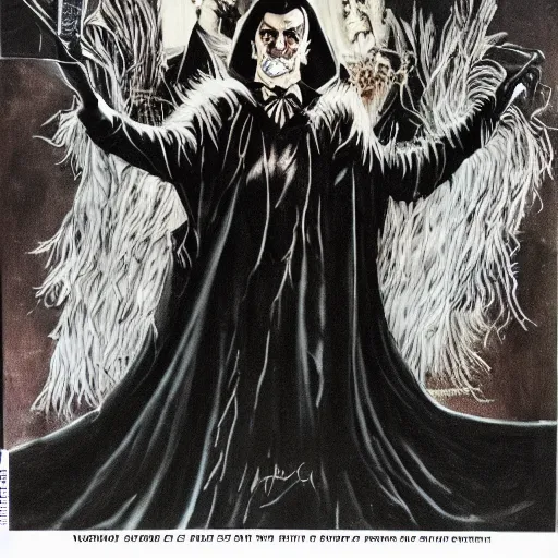 Image similar to vincent price as howard hughes in long black feathered cloak, black hands tipped with black claws, feathers growing out of skin, at opulent desk, comic book cover, vivid, illustration, highly detailed, rough paper, dark, oil painting