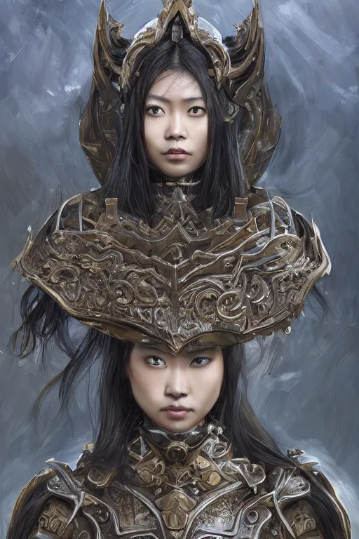 Prompt: Art station concept of Asian woman, fair skin, big eyes, long black hair, no bangs, wearing sculpted textured armor, closes her eye, battle damage, intricate complexity, close-up of the front of the face, resolute expression, back lighting, 4K resolution, symmetric, clear facial features, by Ruan Jia and Mandy Jurgens and William-Adolphe Bouguereau, Karol Bak, smooth, sharp focus, rich deep colors, Unreal Engine 5, digital render, intricate, ultra realistic, concept art