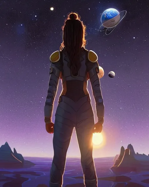 Image similar to zendaya standing infront of a huge window looking at earth on a space station in orbit around earth, lit village in the distance, stars milky way sky, deep focus, D&D, fantasy, intricate, elegant, highly detailed, digital painting, artstation, concept art, matte, sharp focus, illustration, hearthstone, art by Artgerm and Greg Rutkowski and Alphonse Mucha