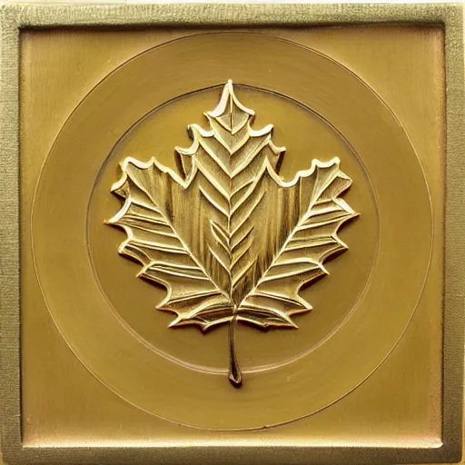 Prompt: ornate engraved carving of ( an art deco maple leaf in a flat circular inset ) on a square gold panel