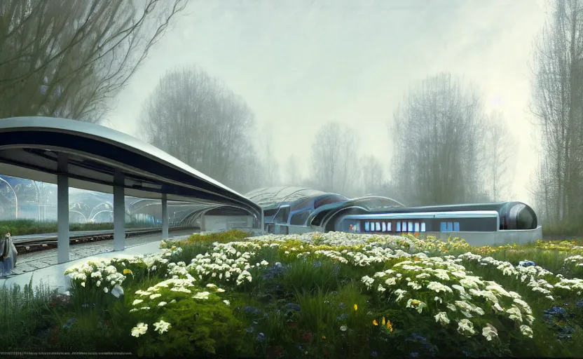 Image similar to painting of a wide angle exterior shot of a white modern futuristic utopian train station in the middle of an english garden with cinematic lighting by peter zumthor and renzo piano, darek zabrocki and greg ruthkowski, alphonse mucha, simon stalenhag and cinematic and blue cold atmospheric, archillect concept art, artstation, trending on artstation