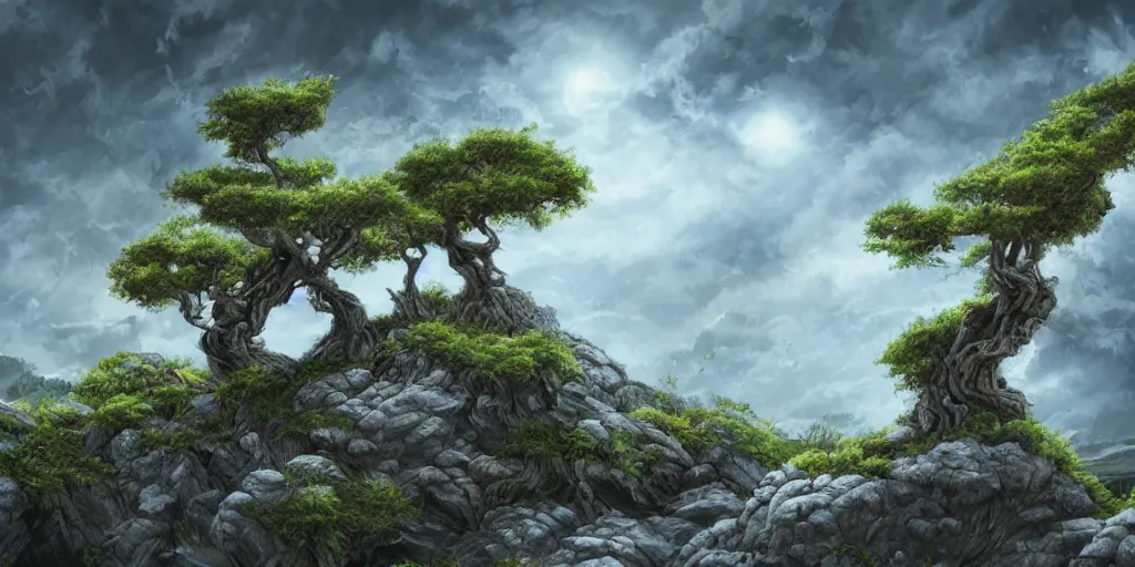 Image similar to bent windswept windswept willows growing on rocks, high quality fantasy art, 4k