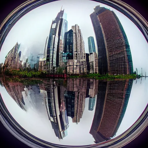 Prompt: A cityscape view using a fish-eyed lens from the Heavy Metal movie. Rainy day. Dusk.