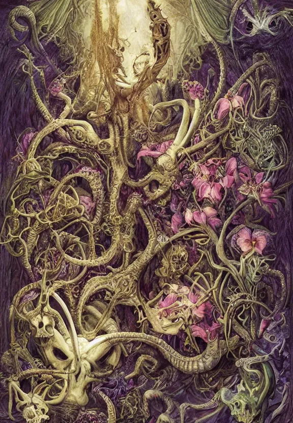 Image similar to simplicity, elegant, colorful muscular eldritch animals and bones radiating from fractal, orchids, flowers, mandala, white bones, by h. r. giger and esao andrews and maria sibylla merian eugene delacroix, gustave dore, thomas moran, pop art, chiaroscuro, biopunk, art nouveau