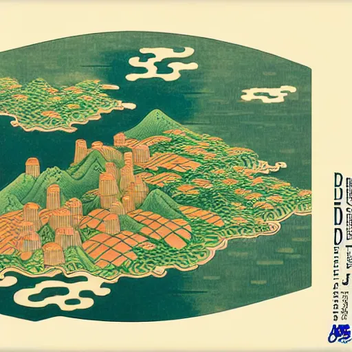 Image similar to 3d isometric botanical illustration of a small city in an island surrounded by water, diego rivera in Ukiyo-e style, HD