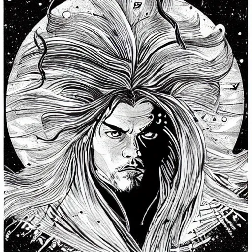 Image similar to black and white pen and ink!!!!!!! Leonardo Di Caprio handsome cosmic space robes flowing royal hair golden!!!! Vagabond!!!!!!!! floating magic swordsman!!!! glides through a beautiful!!!!!!! liquid magic floral crystal battlefield dramatic esoteric!!!!!! Long hair flowing dancing illustrated in high detail!!!!!!!! by Moebius and Hiroya Oku!!!!!!!!! graphic novel published on 2049 award winning!!!! full body portrait!!!!! action exposition manga panel black and white Shonen Jump issue by David Lynch eraserhead and beautiful line art Hirohiko Araki!! Rossetti, Millais, Mucha, Jojo's Bizzare Adventure