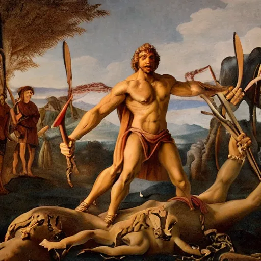 Image similar to The land art depicts the mythical hero Hercules in the moments after he has completed one of his twelve labors, the killing of the Hydra. Hercules is shown standing over the dead Hydra, his body covered in blood and his right hand still clutching the sword that slew the beast. His face is expressionless, betraying neither the exhaustion nor the triumph that must surely accompany such a feat. double exposure by Mikalojus Konstantinas Ciurlionis, by Filip Hodas distorted