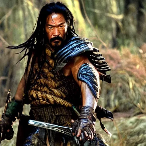 Prompt: predator film shot in feudal japan staring hiroyuki sanada as a disgraced ronin, who hunts down the predator after he fails to protect his master from it