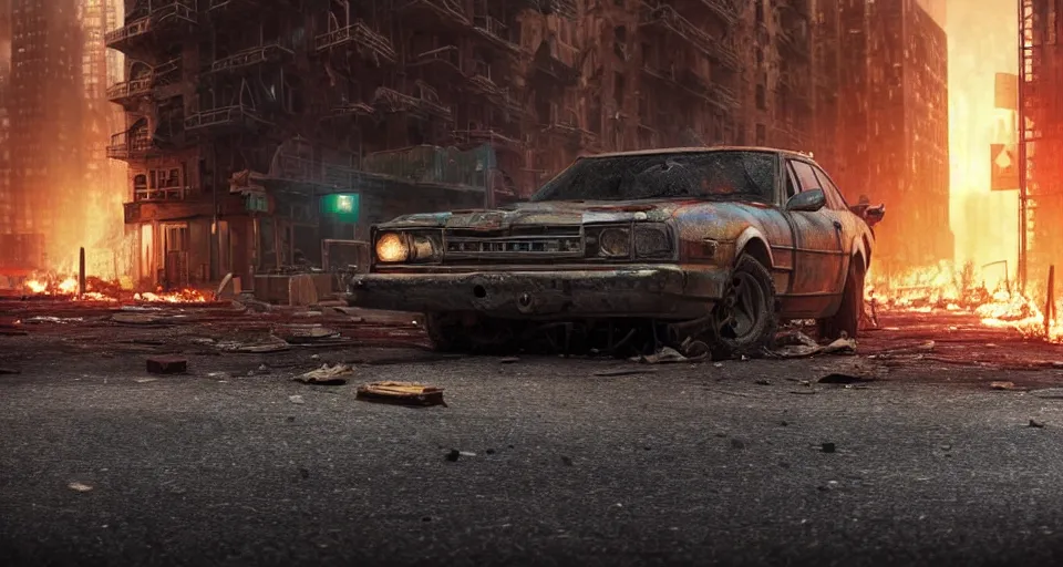 Image similar to A beautiful hyper realistic ultra detailed lifelike matte painting of close-up of a scruffy Timber Wolf standing in the middle of an abandoned post-apocalyptic New York City street at night with cars on fire, unreal engine, deviantart, flickr, artstation, octane render, textured, colorful, extreme realistic detail, physically based rendering, pbr render, very detailed, volumetric lighting, detailed lighting, octane render, 4k, cinematic lighting, 8k resolution