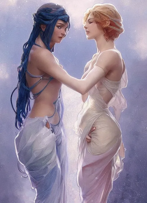 Prompt: a couple made of ice and water, full body view, beautiful high quality realistic fantasy art, trending on artstation by artgerm and greg rutkowski and alphonse mucha