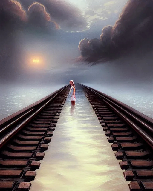 Prompt: photo of girl walking along train tracks sub submerged under a few inches of water, large white clouds in the distance, intricate, elegant, highly detailed, digital painting, artstation, concept art, smooth, sharp focus, illustration, art by artgerm and greg rutkowski and fra angelico