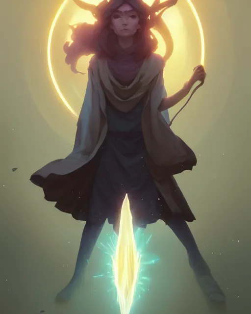 Image similar to highly detailed vfx portrait of a mage casting a light spell, unreal engine, greg rutkowski, loish, rhads, beeple, makoto shinkai and lois van baarle, ilya kuvshinov, rossdraws, tom bagshaw, alphonse mucha, global illumination, detailed and intricate environment