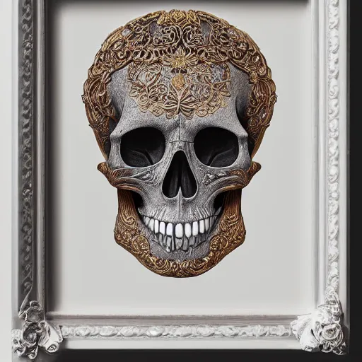 Image similar to a beautiful portrait of a ornate and intricate rococo skull