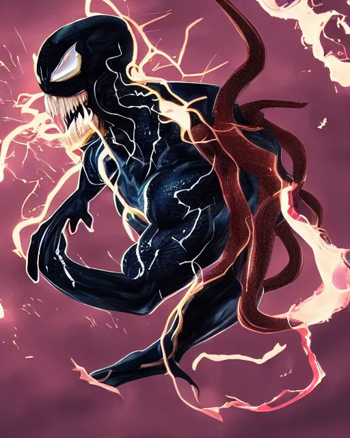 Image similar to venom as the flash, dynamic lighting, fantasy concept art, trending on art station, stunning visuals, creative, cinematic, ultra detailed, comic strip style