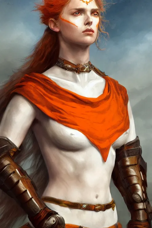 Prompt: full - body portrait of a ranger, female, white and orange breastplate, magical, high fantasy, d & d, by john collier, face details, extremely detailed, digital illustration